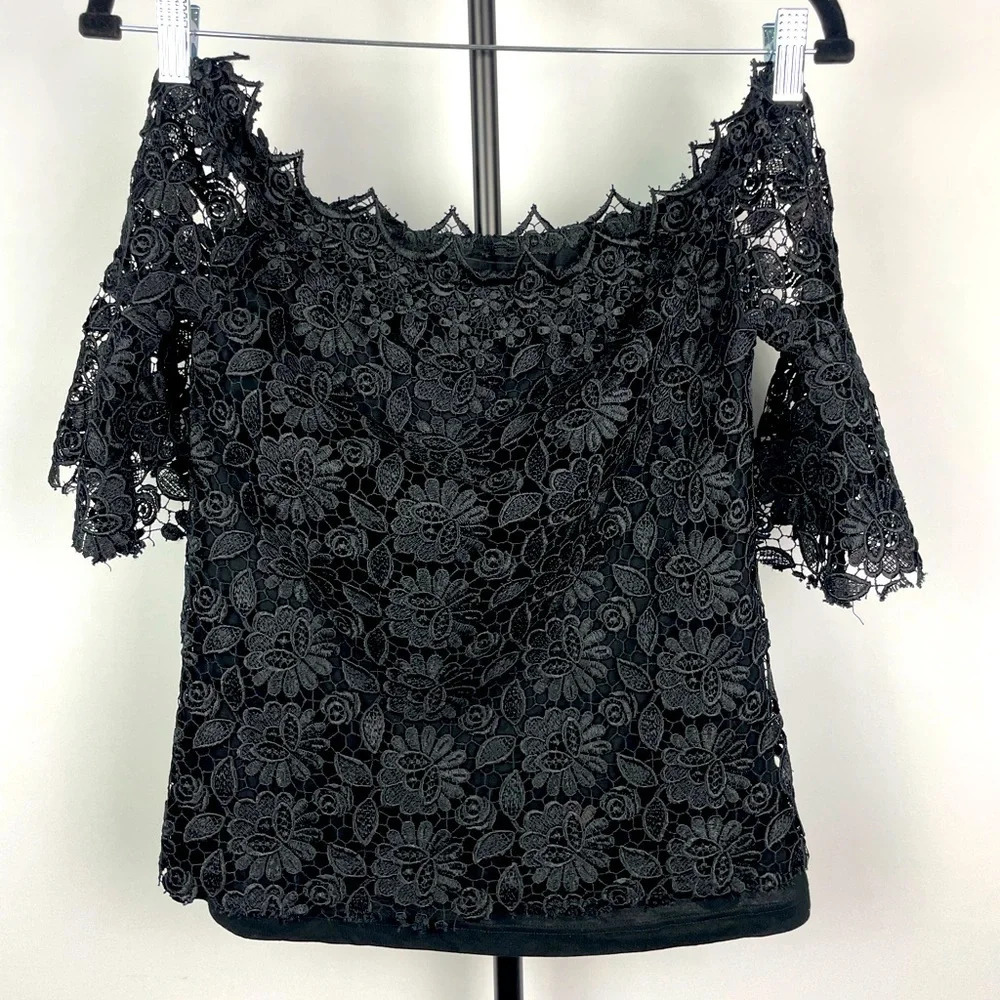 Reformation Black Misty Floral Embroidered‎ Lace Off the Shoulder Blouse